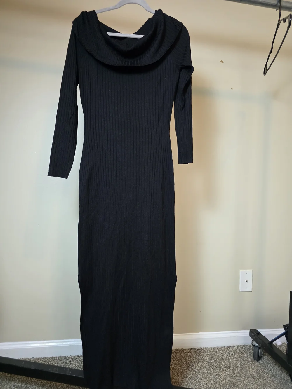 Fashion Nova Black Ribbed Maxi Sweater Dress Cowl Neck Long Sleeve Side